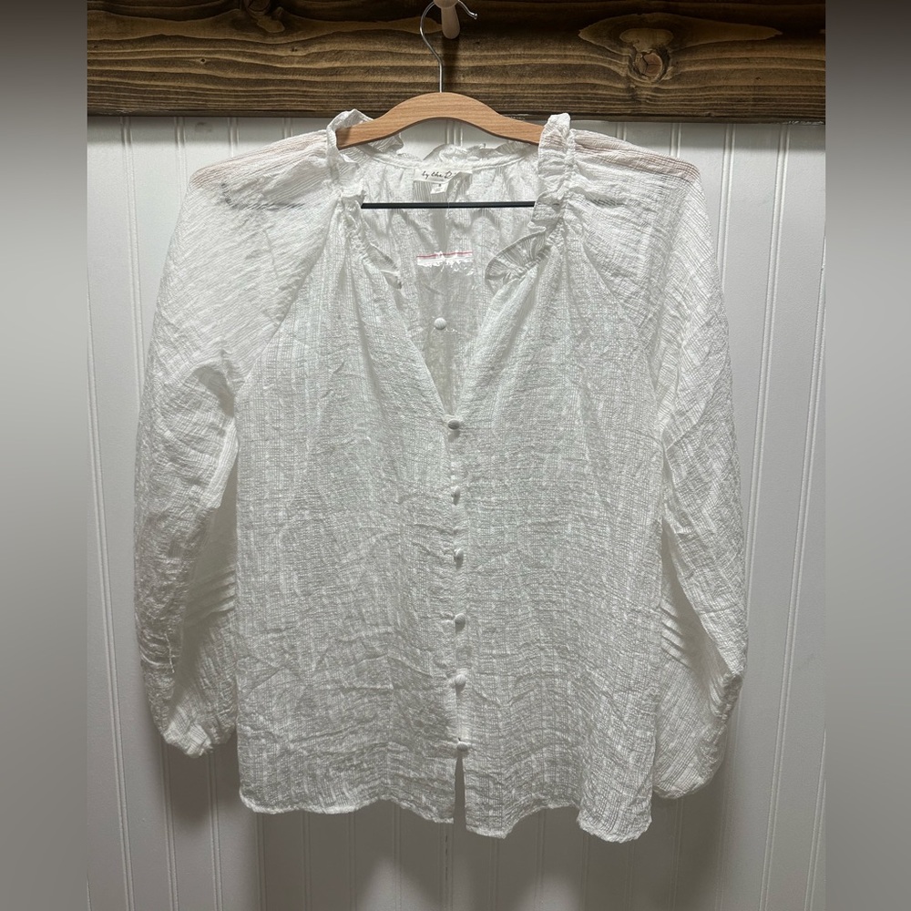 Sheer White Boho Textured Button-Up Ruffle Collar Gauzy Top Sz S NWOT Beachy